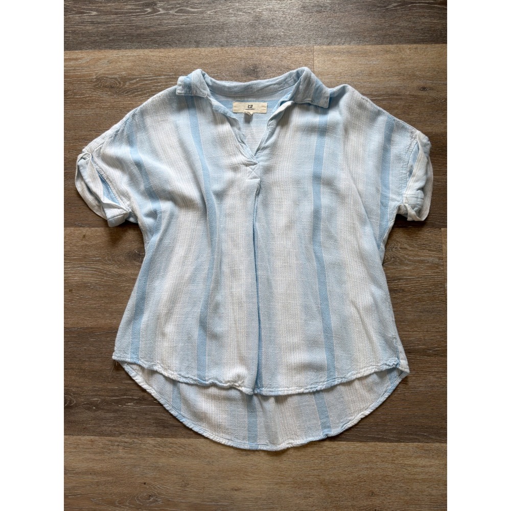 Thread & Supply Womens Small Blue White Striped Linen Blend V-Neck Top T2241RLTJ